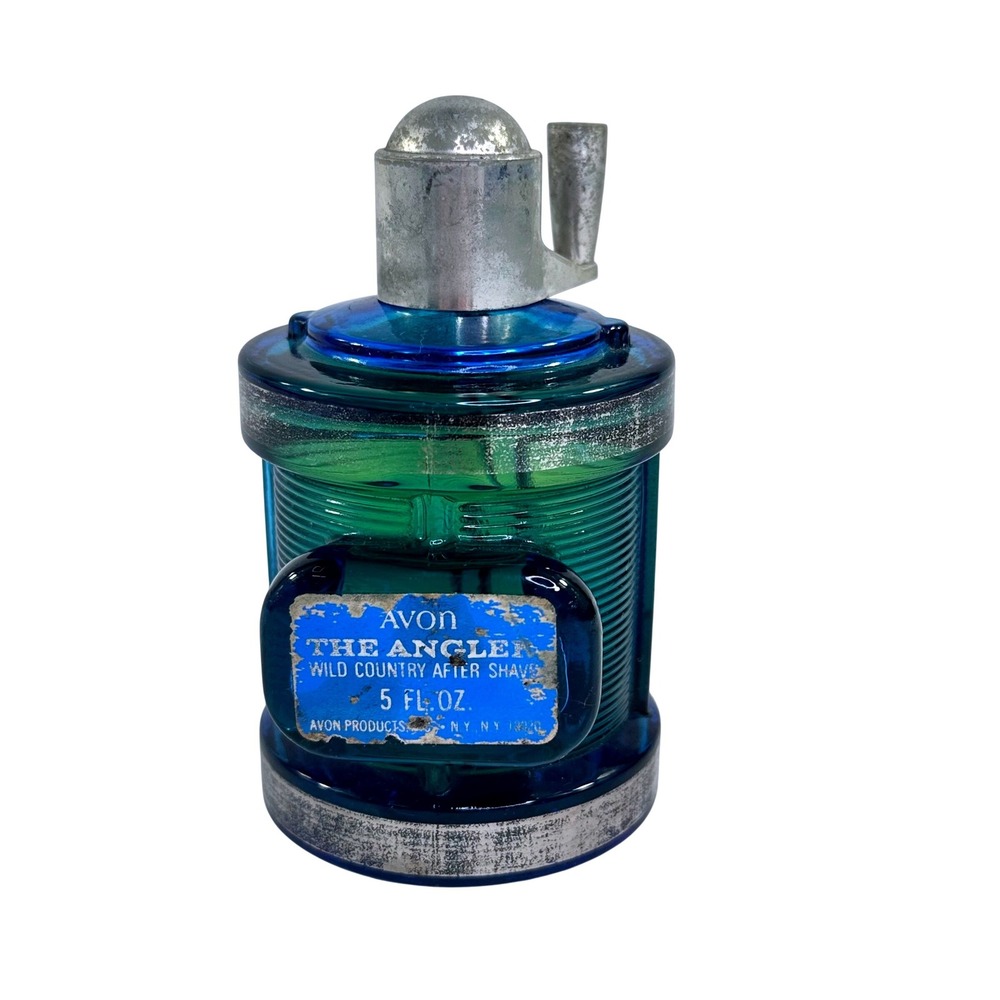 Vintage Avon The Angler Wild Country After Shave Fishing Reel Bottle 5oz Blue